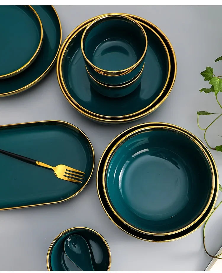 Green ceramic dinnerware set by MC THE BLACK DIAMOND, includes plates and bowls for family dining, stylish tableware.