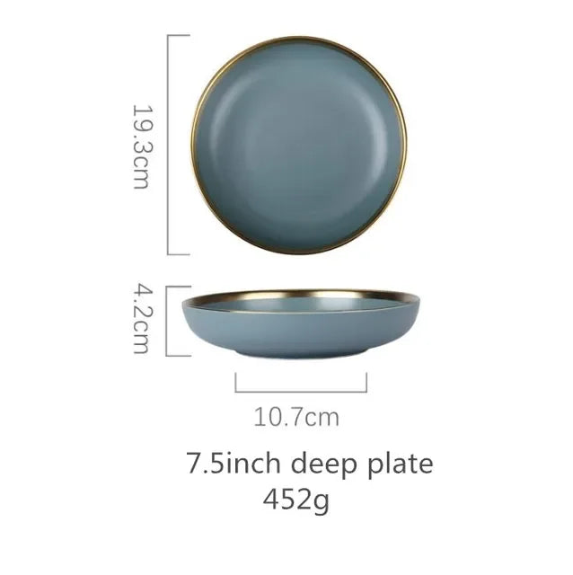Matte ceramic dinnerware set with cereal bowls, dessert plates, and steak plates from 𝕄𝕔 𝕋𝕙𝕖 𝔹𝕝𝕒𝕔𝕜 𝔻𝕚𝕒