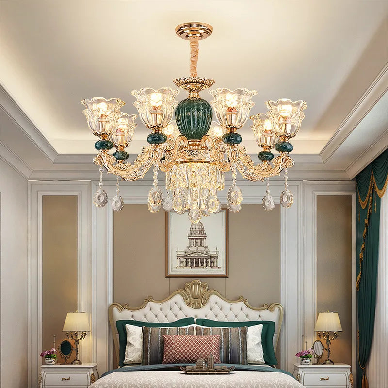Elegant LED crystal ceramic European chandelier by MC THE BLACK DIAMOND, vintage-style ceiling light fixture with intricate design.