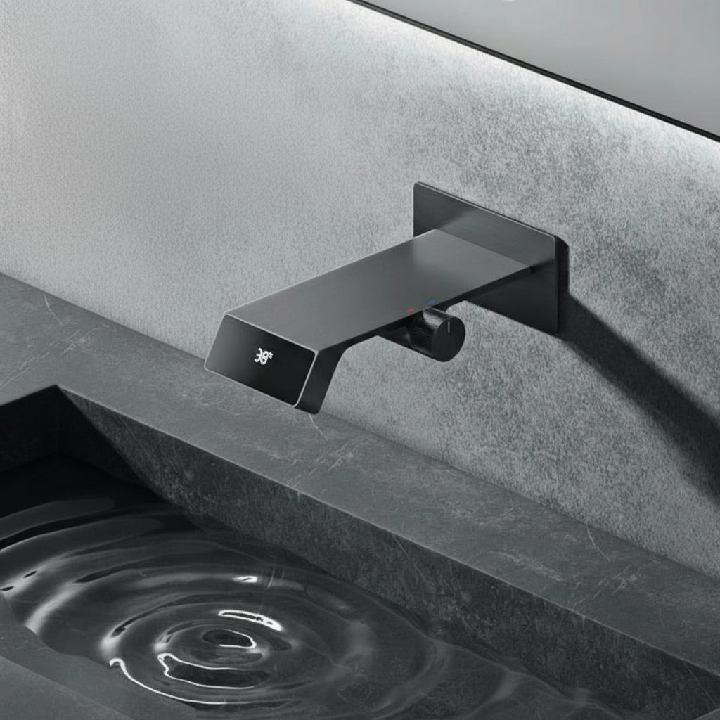 Luxury MC THE BLACK DIAMOND gray brass bathroom faucet with LED digital display and modern bath sink faucet design.