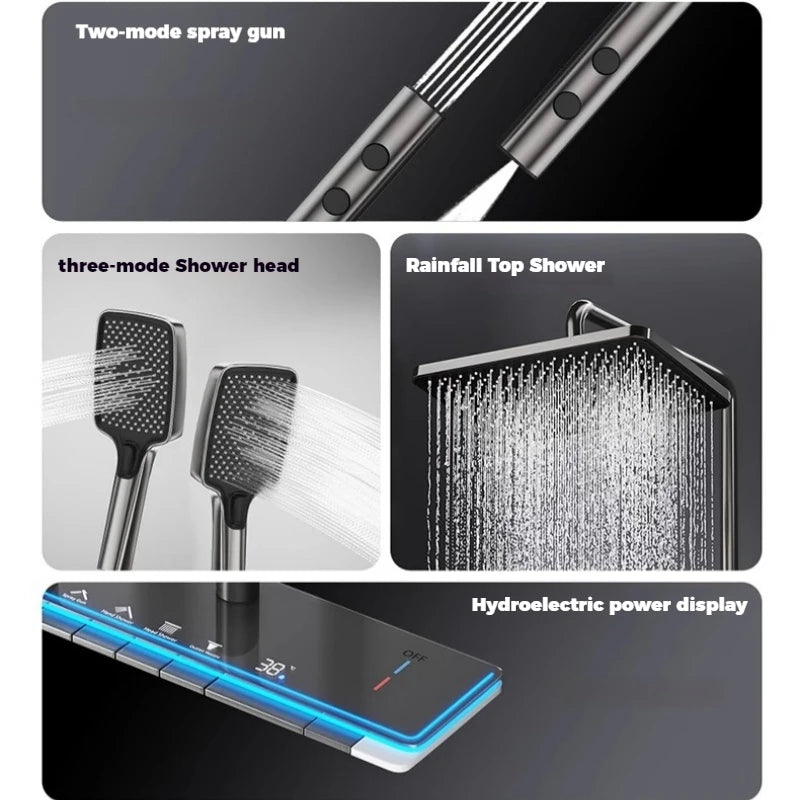 Wall-mounted rainfall shower system by MC THE BLACK DIAMOND with multiple shower heads and sleek black finish.