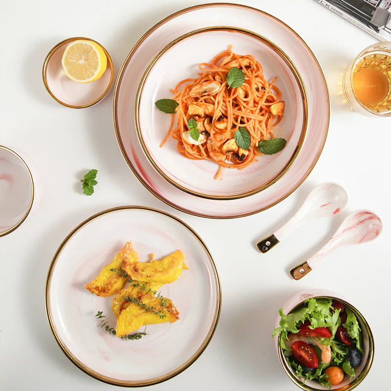 Pink gilded marble pattern porcelain dinnerware set with matching plates and bowls by MC THE BLACK DIAMOND, elegant tableware for special occasions.