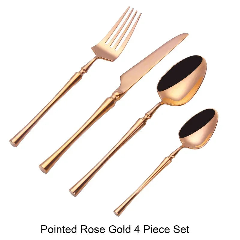 Mirror matte stainless steel black gold and silver dinnerware set with reflective surfaces and elegant design.