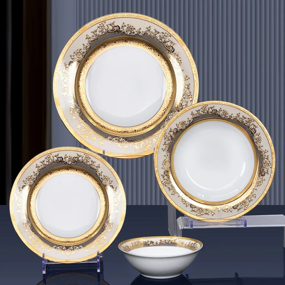 MC THE BLACK DIAMOND Royal dinnerware set with gold dishes and bowls, elegant design for stylish table presentation.