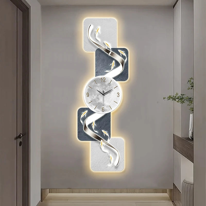 Modern wall clock featuring nine fish design, LED luminescent mural, from 𝕄𝕔 𝕋𝕙𝕖 𝔹𝕝𝕒𝕔𝕜 𝔻𝕚𝕒�