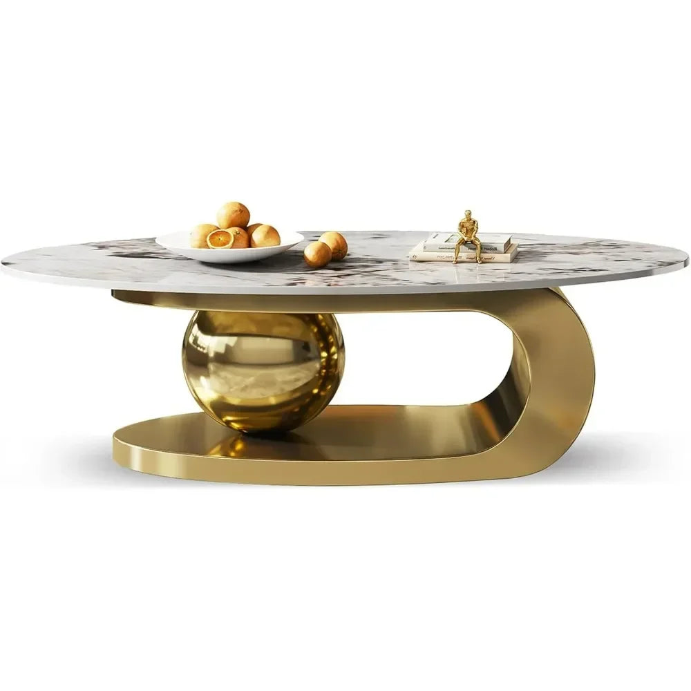 Modern oval stone coffee table with abstract gold metal base by 𝕄𝕮 𝕋𝕙𝕖 𝔹𝕝𝕒𝕔𝕜 𝔻𝕚𝕒𝕞𝕠