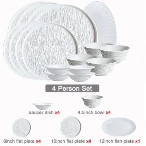 Modern Simplicity black and white porcelain dinner set with ceramic bowls, plates, and frosted finish for household or hotel use.