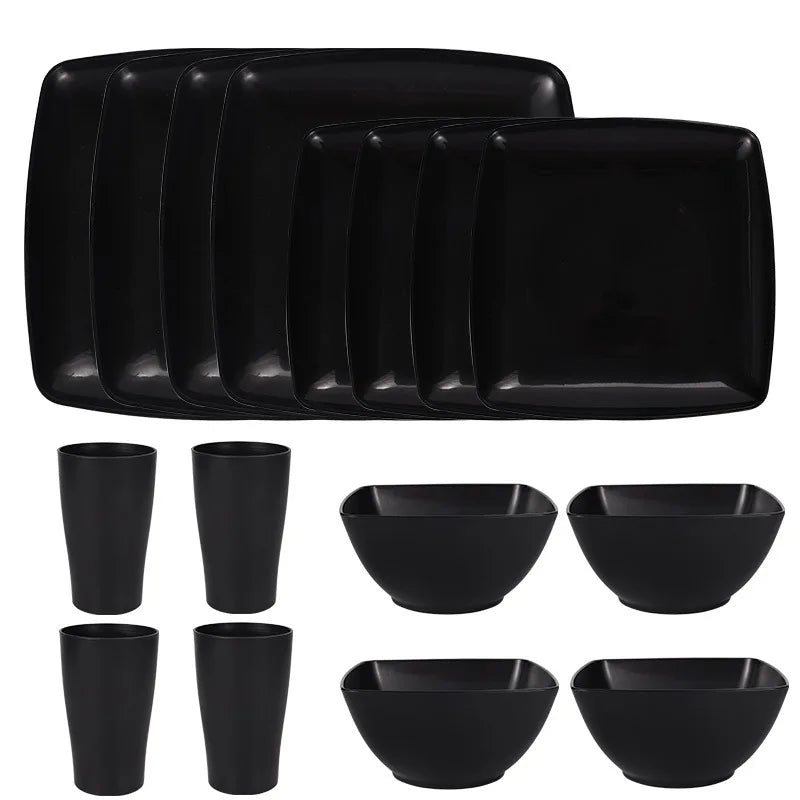Plastic square dinnerware set from MC The Black Diamonds, includes 16 or 32 pieces, dishwasher safe, suitable for kitchen use.