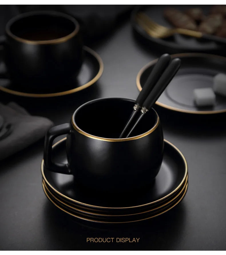 Creative matte black ceramic coffee cup with gold-bordered saucer, modern restaurant style teacup and dessert saucer set.