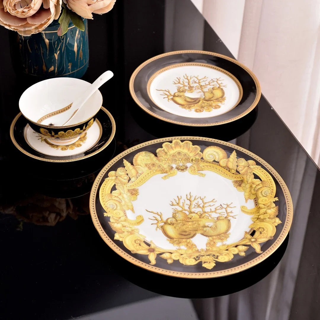 MC THE BLACK DIAMOND Royal Design Dinnerware Set featuring elegant plates and bowls with intricate patterns for stylish dining.