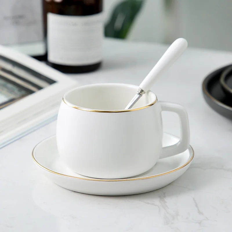 Creative matte black ceramic coffee cup with gold-bordered saucer, modern teacup and dessert set by 𝕄𝕔 𝕋𝕙𝕖 𝔹𝕝𝕒𝕔𝕜 𝔻𝕚