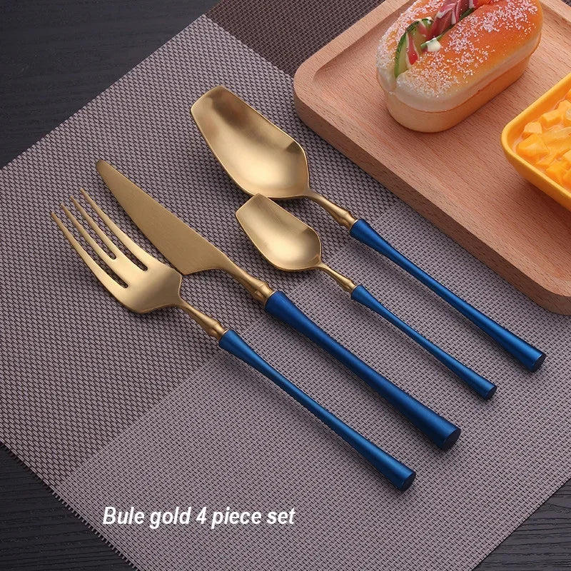 Matte stainless steel dinnerware set with black, gold, and silver finishes featuring sleek, modern designs from 𝕄𝕔 𝕋𝕙𝕖 𝔹𝕝𝕒𝕔𝕜 𝔻�