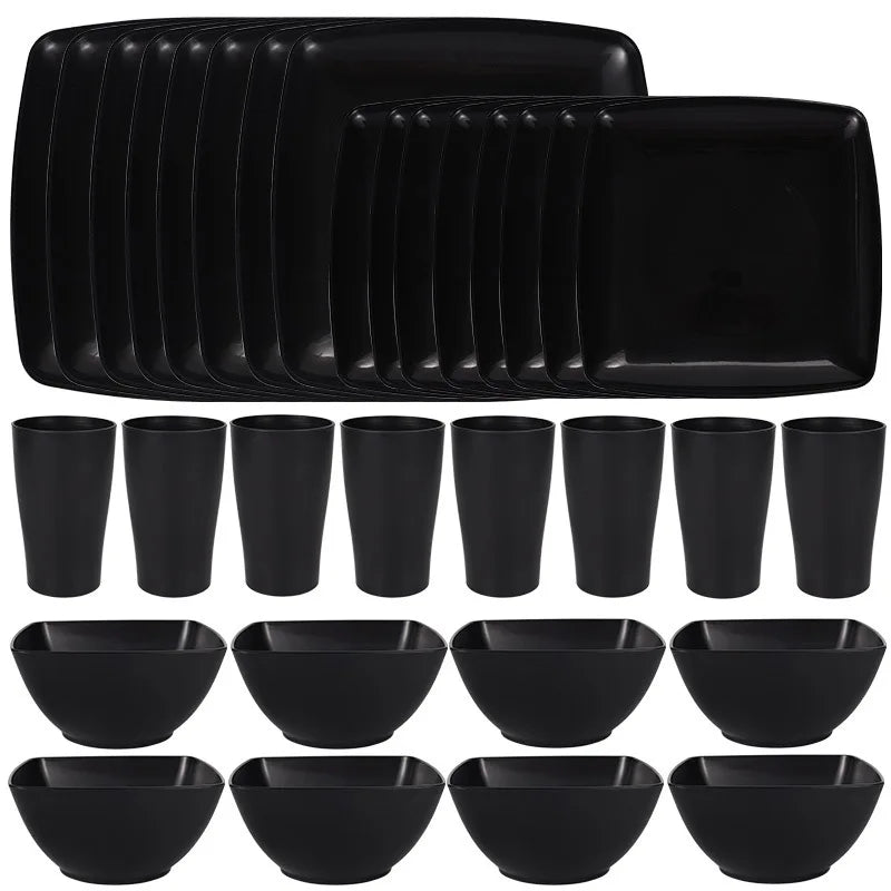 Set of 16/32 plastic square dinnerware plates and bowls from MC The Black Diamonds, dishwasher-safe kitchen dinnerware collection.