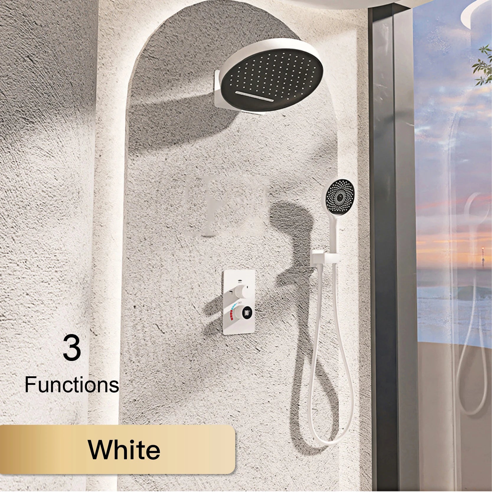 LED digital display shower system by MC THE BLACK DIAMOND with dual control for hot and cold water in a modern bathroom.