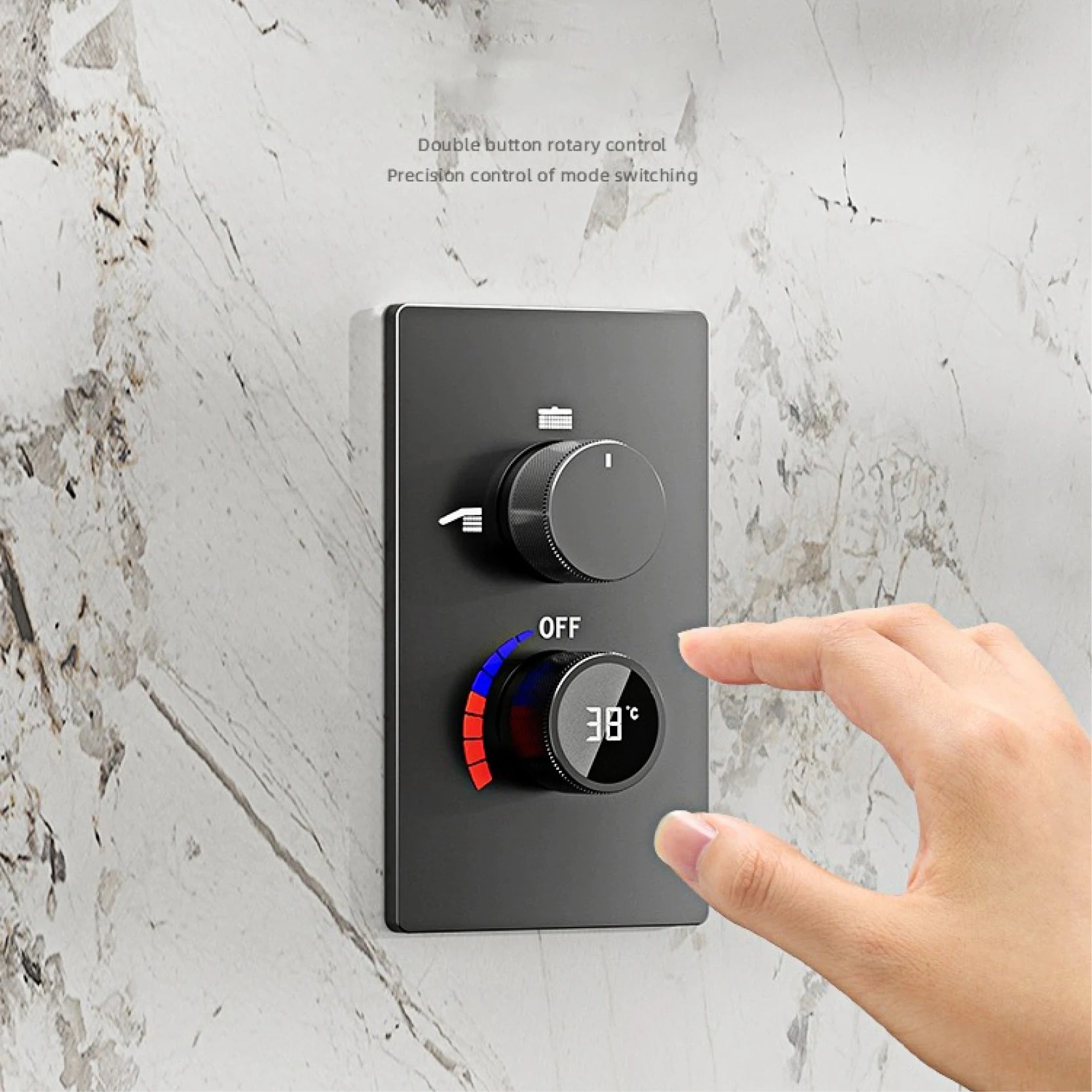 LED digital display shower system by MC THE BLACK DIAMOND showing hot and cold water controls in a modern bathroom setting.