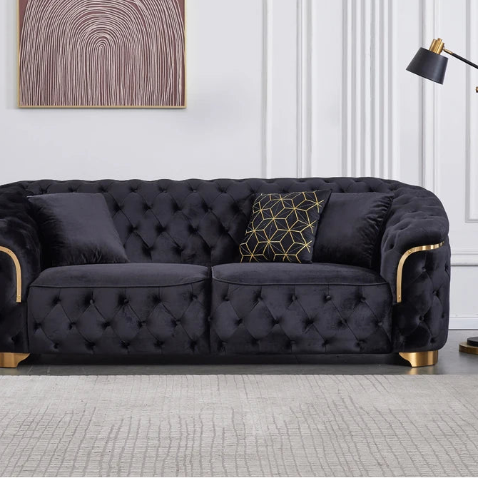 Modern luxury velvet Chesterfield lounge sofa set with gold base and wooden legs, designed for villa living rooms.