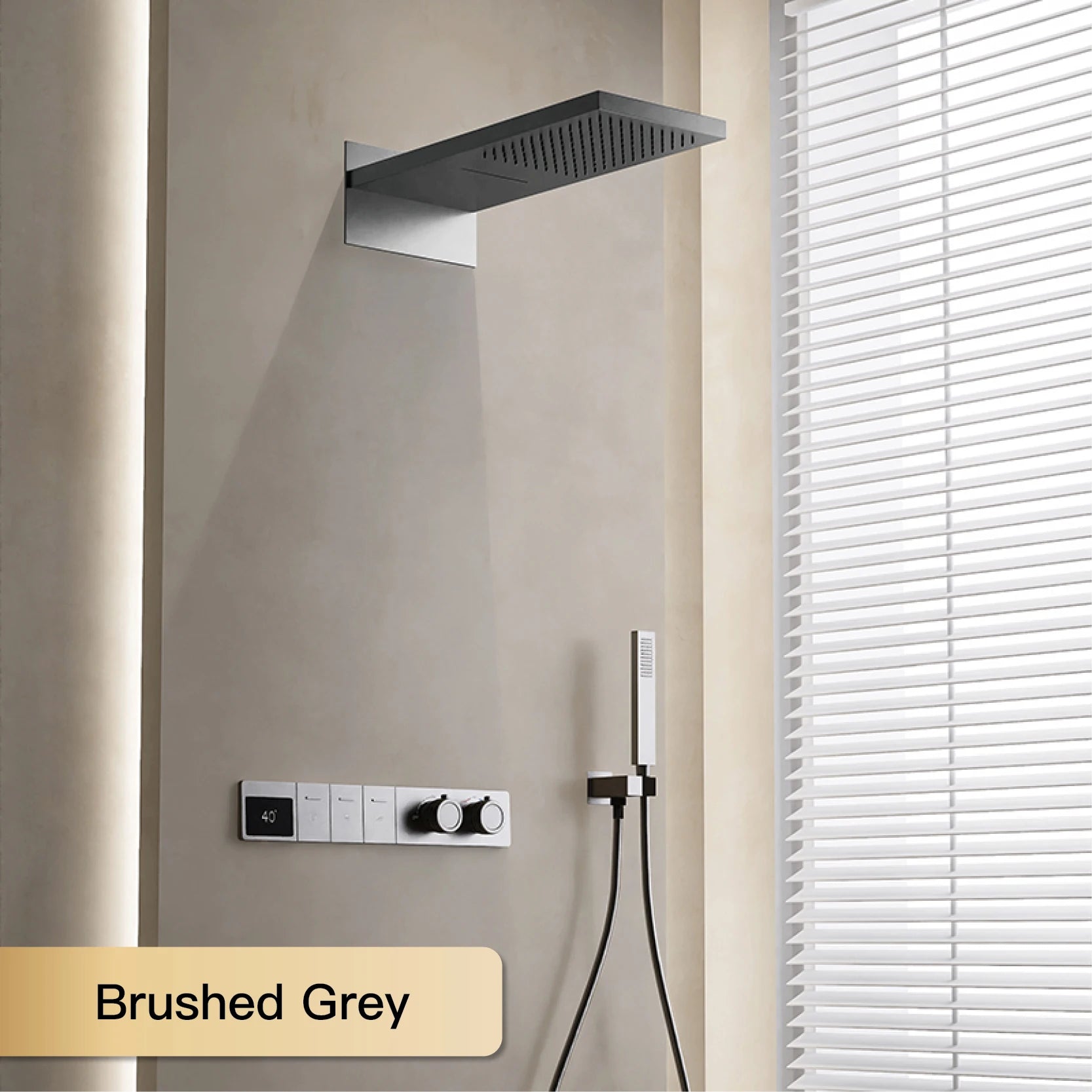 Wall-mounted MC THE BLACK DIAMOND shower system with hidden design and dual control hot and cold water faucet.