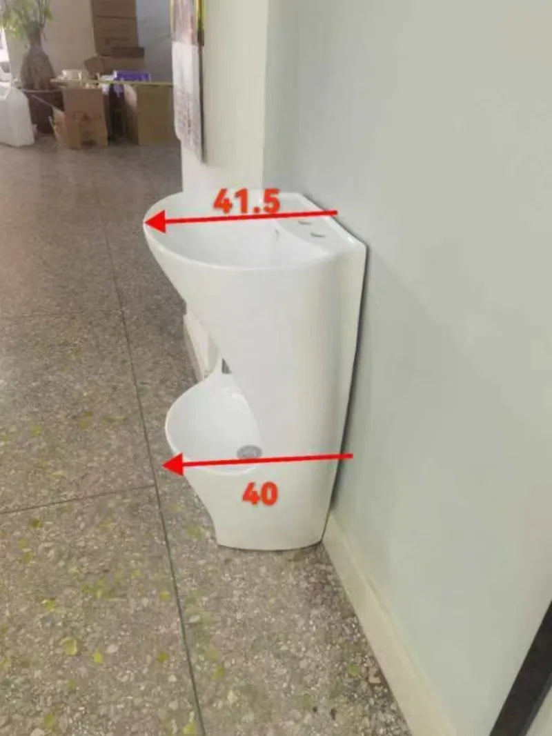 Ceramic wall-mounted and floor-standing Wudu basin with footwash feature, designed by MC THE BLACK DIAMOND, for Muslim ablution.