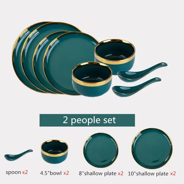 Green ceramic dinnerware set by MC THE BLACK DIAMOND, featuring matching plates and bowls for family dining.