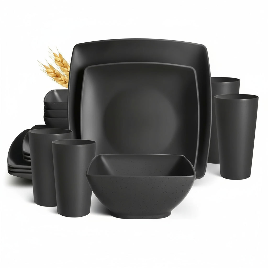 Set of 16/32 plastic square dinnerware from MC The Black Diamonds, including plates and bowls, suitable for dishwasher use.