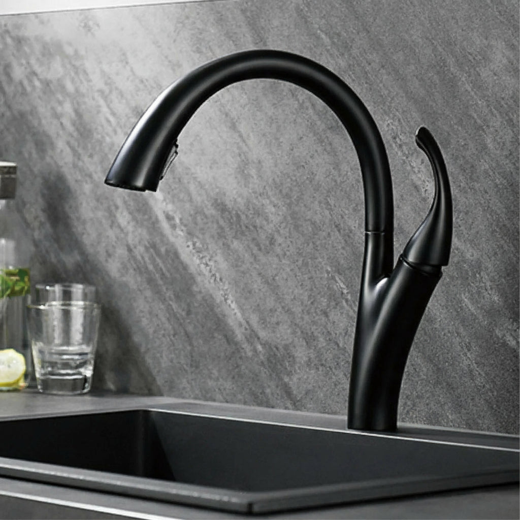 Dual-spray pull-out kitchen faucet by MC THE BLACK DIAMOND with flexible spout and modern design, shown in a kitchen setting.