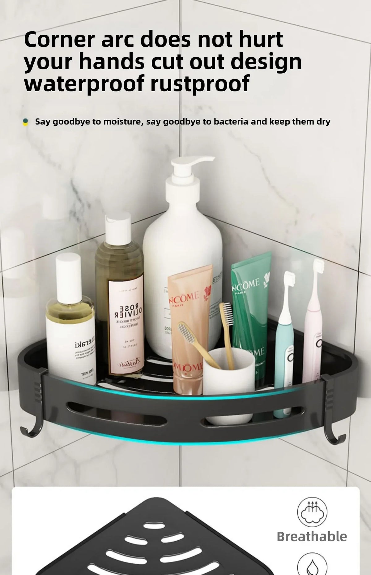 MC The Black Diamonds no-drill shower caddy and bathroom organizer with multiple shelves for toiletries and shower essentials