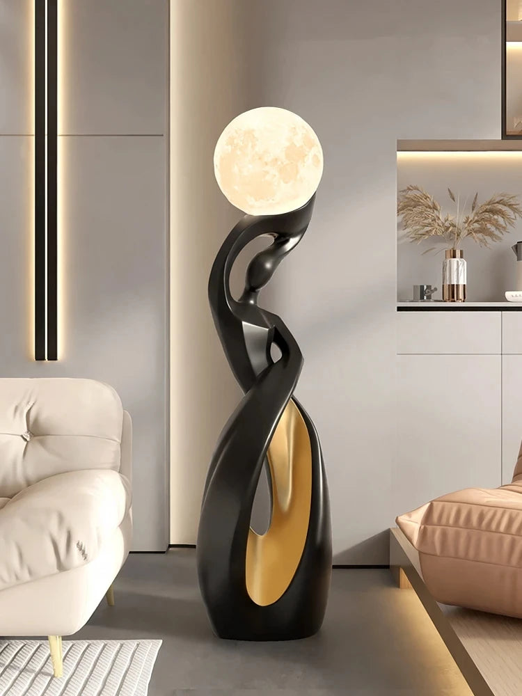 Large luminous sculpture for living room by MC THE BLACK DIAMOND, modern art statue with glowing surface and intricate design.