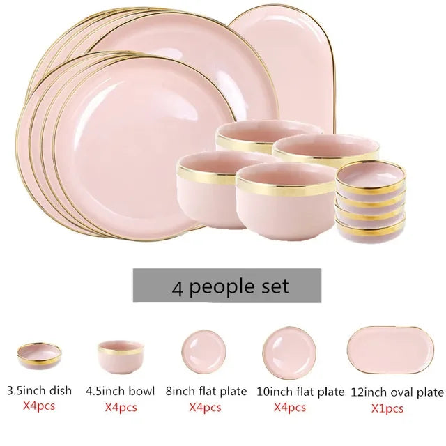 Set of white and pink porcelain plates with gold accents from MC THE BLACK DIAMOND, perfect for elegant kitchen dining.