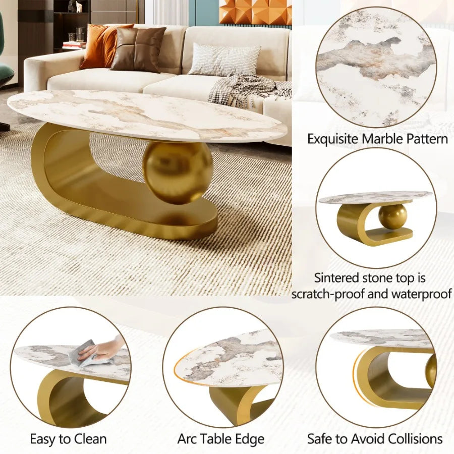 Modern oval coffee table with marble-patterned sintered stone top and gold stainless steel base, ideal for living room decor.