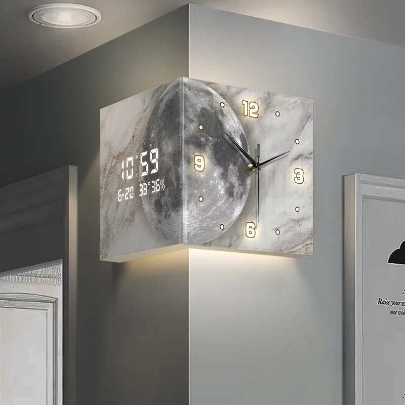 Modern double-sided electronic wall clock with perpetual calendar, designed for living room corner decor by 𝕄𝕔 𝕋𝕙𝕖 𝔹𝕝𝕒𝕔𝕜 𝔻𝕚𝕒