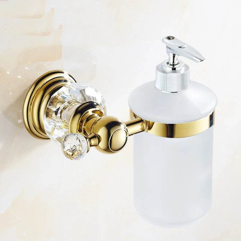 Luxury gold polished brass bathroom accessories set with soap dispenser, toothbrush holder, and matching accessories by MC THE BLACK DIAMOND