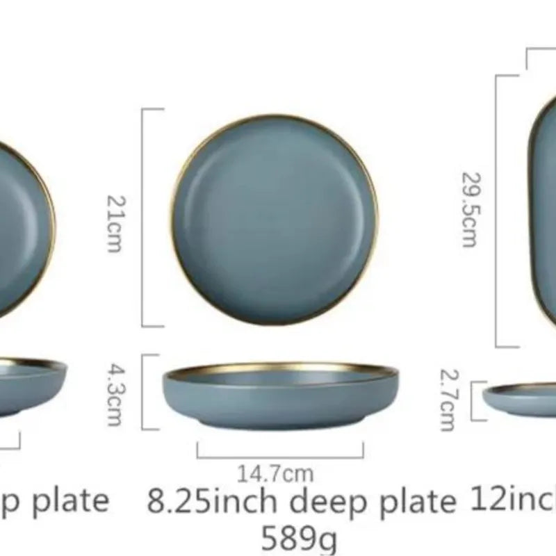 Matte ceramic dinnerware set with cereal bowls, dessert plates, and steak plates from 𝕄𝕔 𝕋𝕙𝕖 𝔹𝕝𝕒𝕔𝕜 𝔻𝕚𝕒