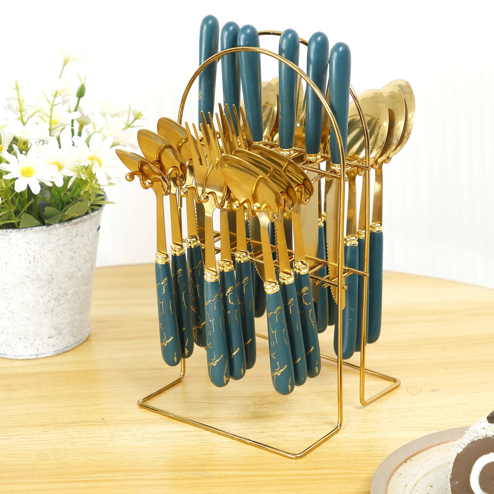 Stainless steel flatware set with holder by MC THE BLACK DIAMOND, includes knives, forks, spoons, and a convenient storage stand.