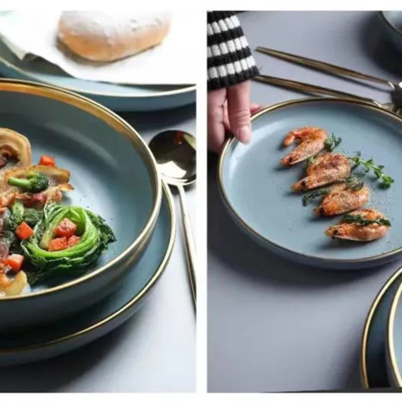 Matte ceramic dinnerware set with cereal bowls, dessert plates, and steak plates from 𝕄𝕔 𝕋𝕙𝕖 𝔹𝕝𝕒𝕔𝕜 𝔻𝕚𝕒