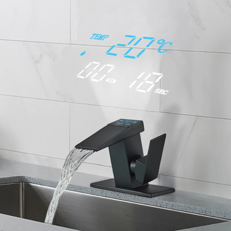 MC THE BLACK DIAMOND LED waterfall bath sink faucet with sleek deck mixer for modern bathroom washbasin.