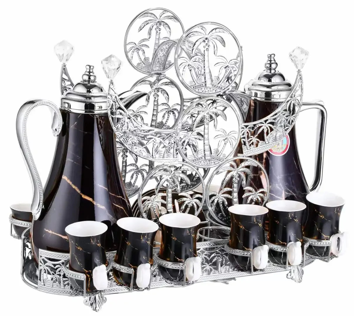 MC The Black Diamond Arabic ceramic tea set featuring a golden design with a black diamond pattern, including teapot and cups.