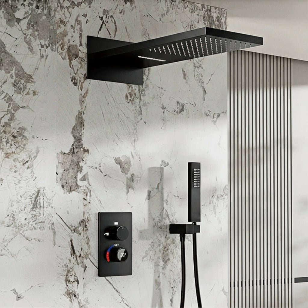 LED digital display shower system by MC THE BLACK DIAMOND showing dual control for hot and cold water in a modern bathroom.