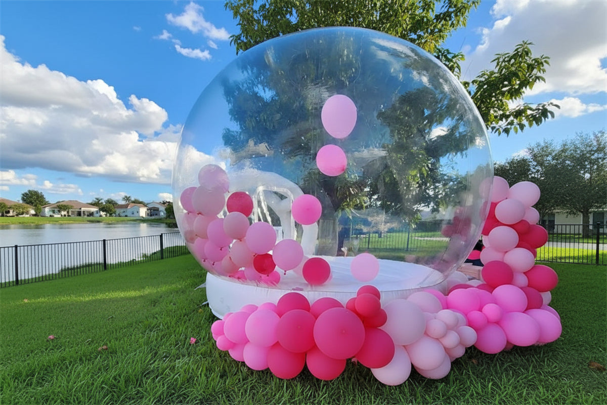 Transparent inflatable crystal dome bubble room by MC THE BLACK DIAMOND, showcasing a spacious, clear inflatable bouncer for outdoor fun.