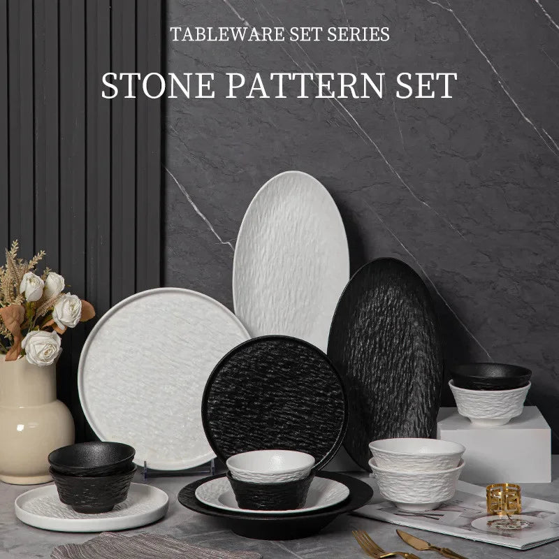 Modern Simplicity black and white frosted porcelain dinner set with ceramic bowls, plates, and dishes for household or hotel use.