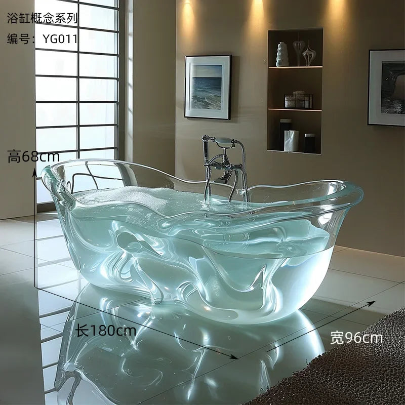 Transparent MC THE BLACK DIAMOND freestanding crystal resin bathtub with corrugated design, ideal for modern bathroom interiors.