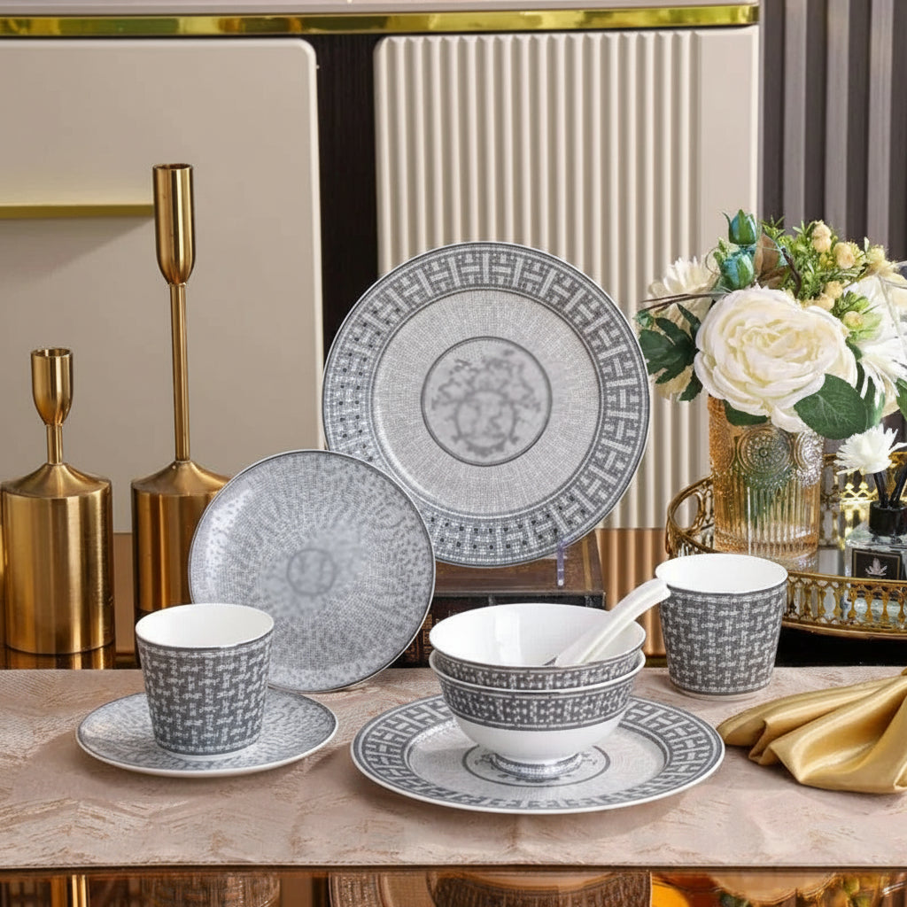 Luxury gray art tableware set by MC THE BLACK DIAMOND featuring a bowl, plate, and spoon for elegant drinkware presentation.