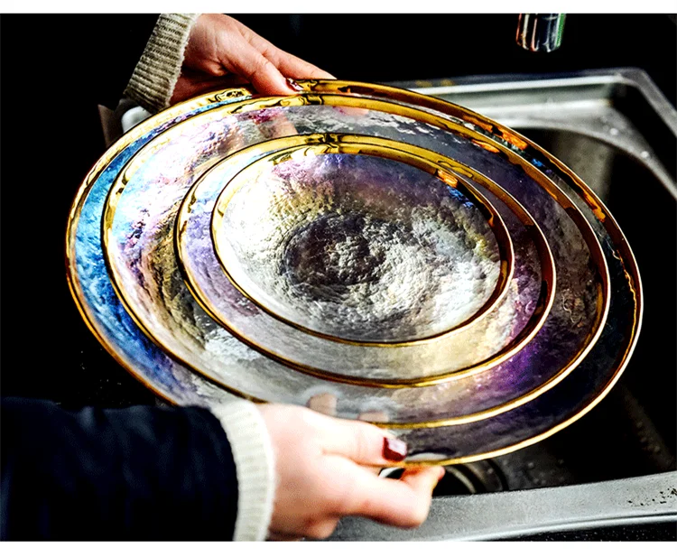 Thick rainbow glass dinner plate by MC THE BLACK DIAMOND, featuring a colorful, sturdy steak plate design in dinnerware set.