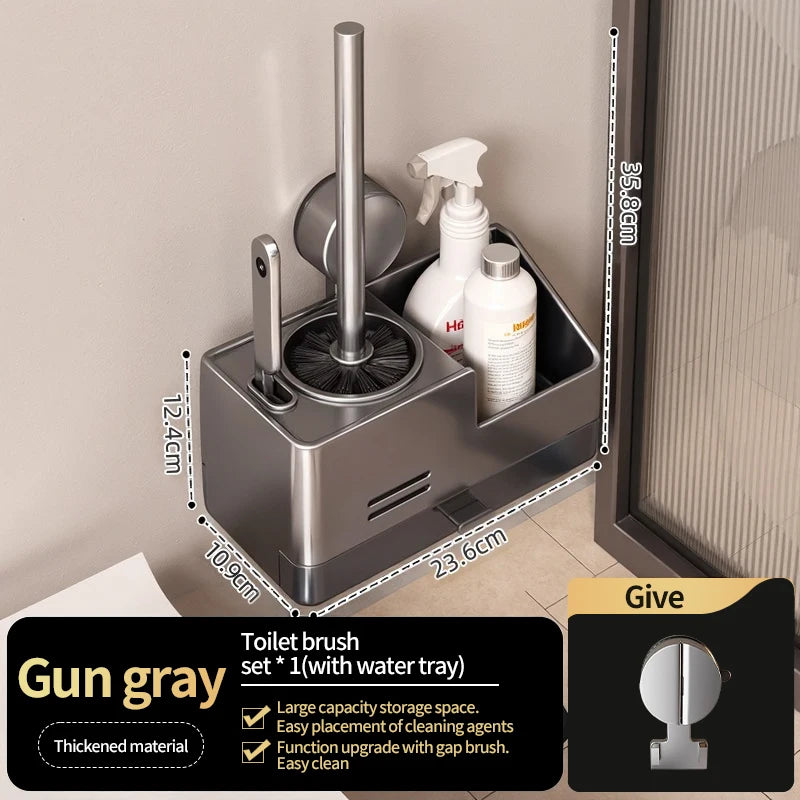 Wall-mounted bathroom brush holder by MC THE BLACK DIAMOND, shown with a bathroom brush inside, designed for convenient storage.