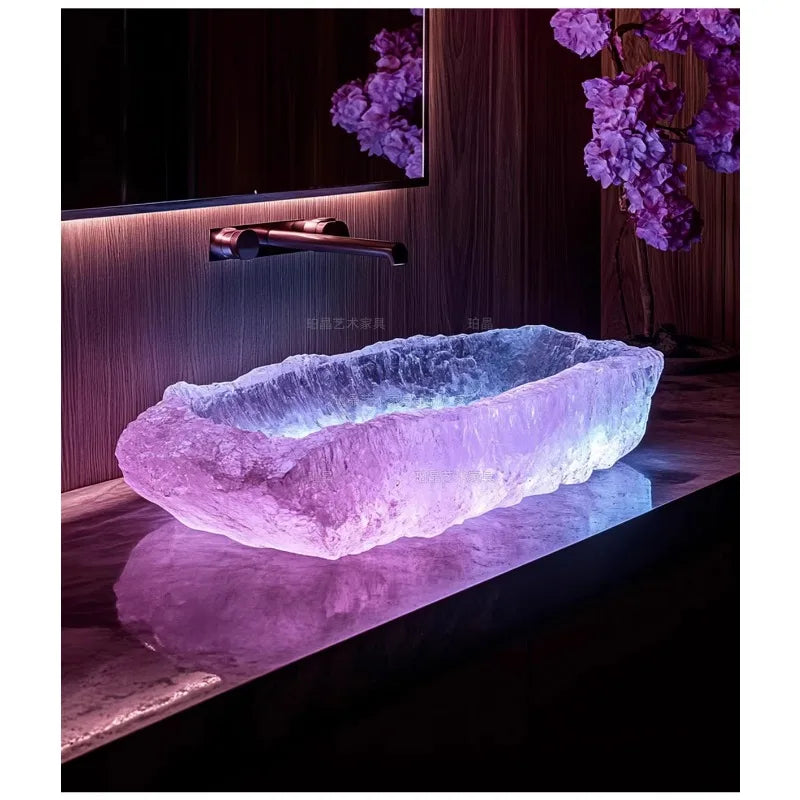 MC THE BLACK DIAMOND crystal stone wash basin vessel sink in an office or bathroom setting, showcasing its custom design and elegant craftsmanship.