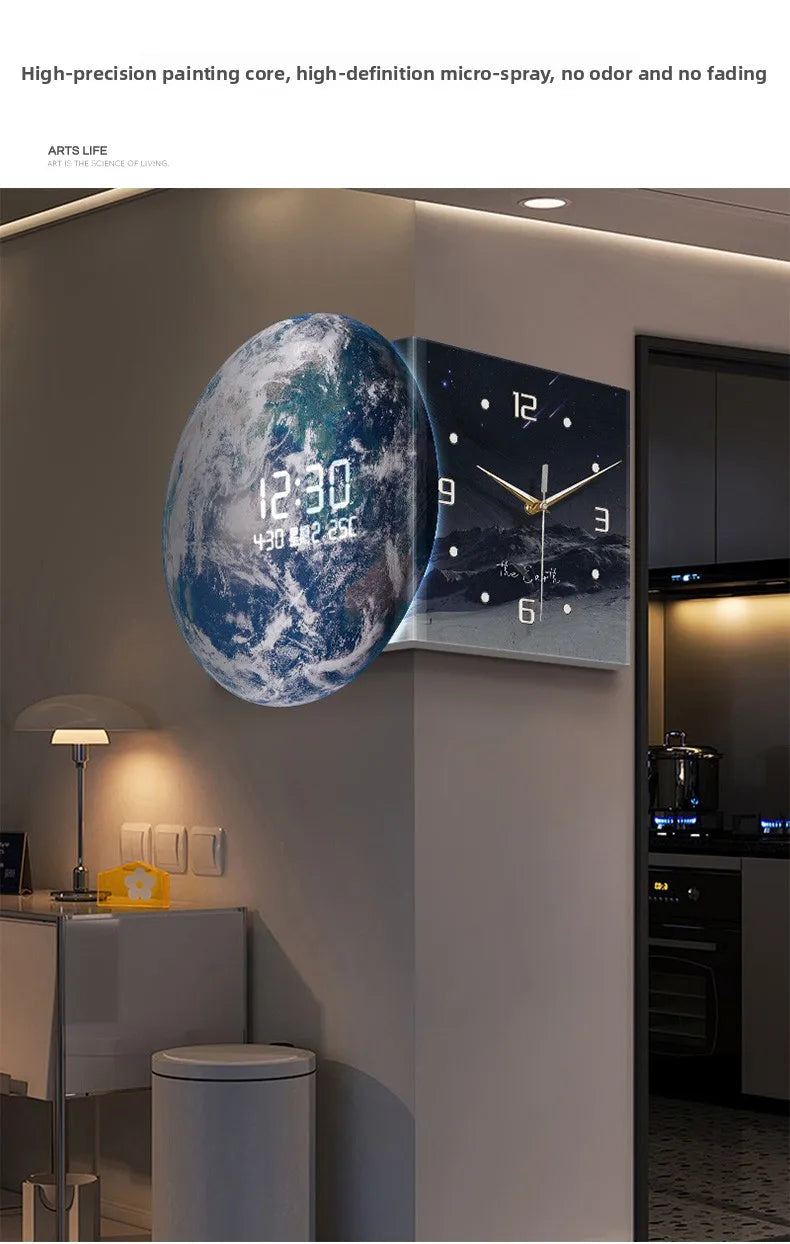 MC THE BLACK DIAMOND Earth double-sided corner LED wall clock showing time on both sides in a modern design