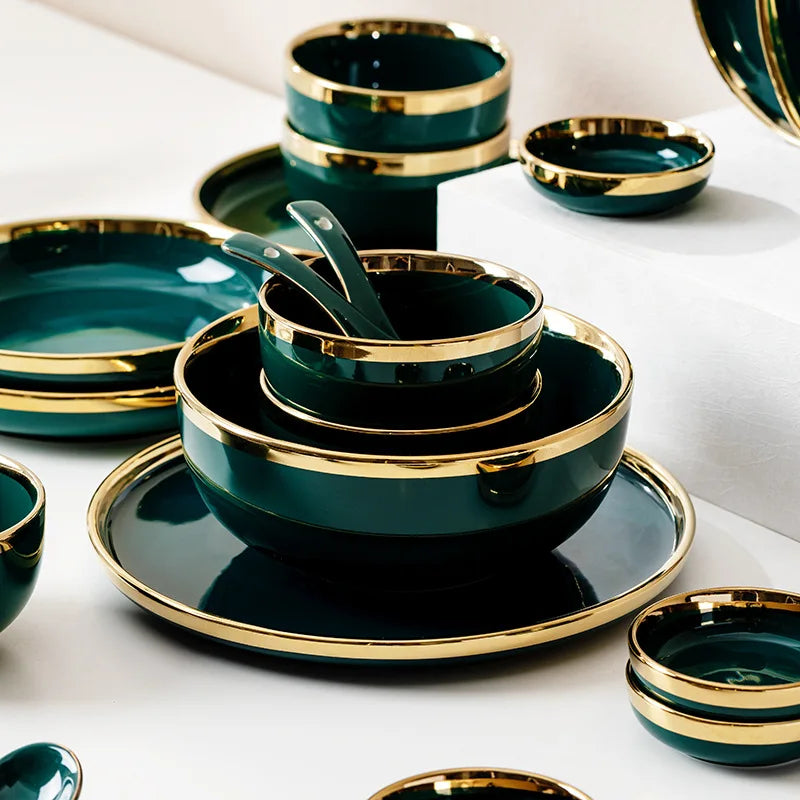 Dark green ceramic cutlery bowls set with gold-plated rims, including rice bowls and dishes, from 𝕄𝕔 𝕋𝕙𝕖 𝔹𝕝𝕒𝕔𝕜 𝔻𝕚