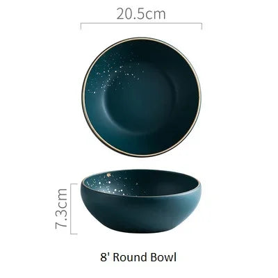 Dark green ceramic Western dinnerware set by MC The Black Diamond, includes plates, bowls, and mugs in Nordic style.