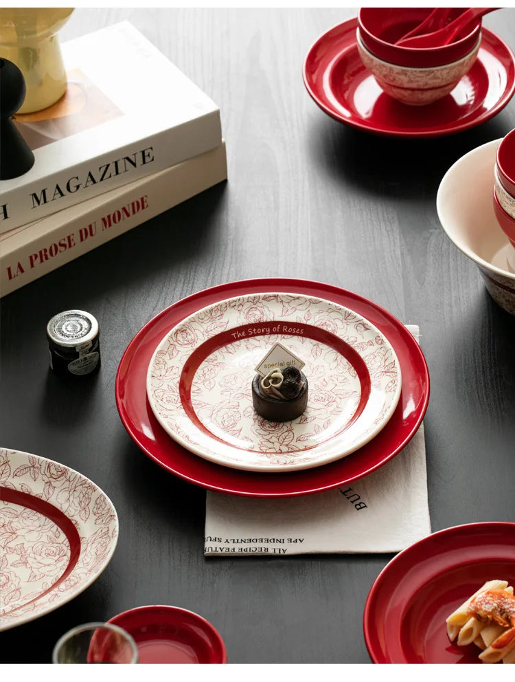 Red retro ceramic dinnerware set by MC THE BLACK DIAMOND, featuring luxurious porcelain plates and bowls with a vintage style.
