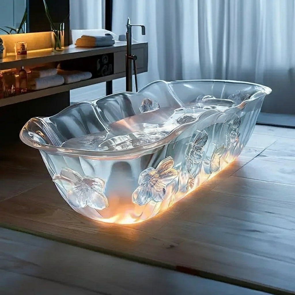 Transparent freestanding AI-designed crystal resin bathtub by MC THE BLACK DIAMOND, featuring a sleek modern shape and clear glass-like finish.