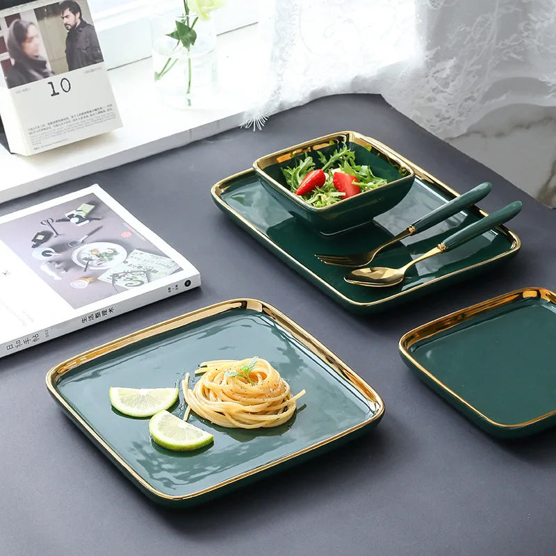 Dark green ceramic dinner plate with gold border, part of 𝕄𝕔 𝕋𝕙𝕖 𝔹𝕝𝕒𝕔𝕜 𝔻𝕚𝕒𝕞𝕠